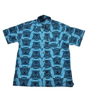Kai-Veikau Button Up Shirt Men L Blue Tribal Geometric Print Pocket Rayon Fiji